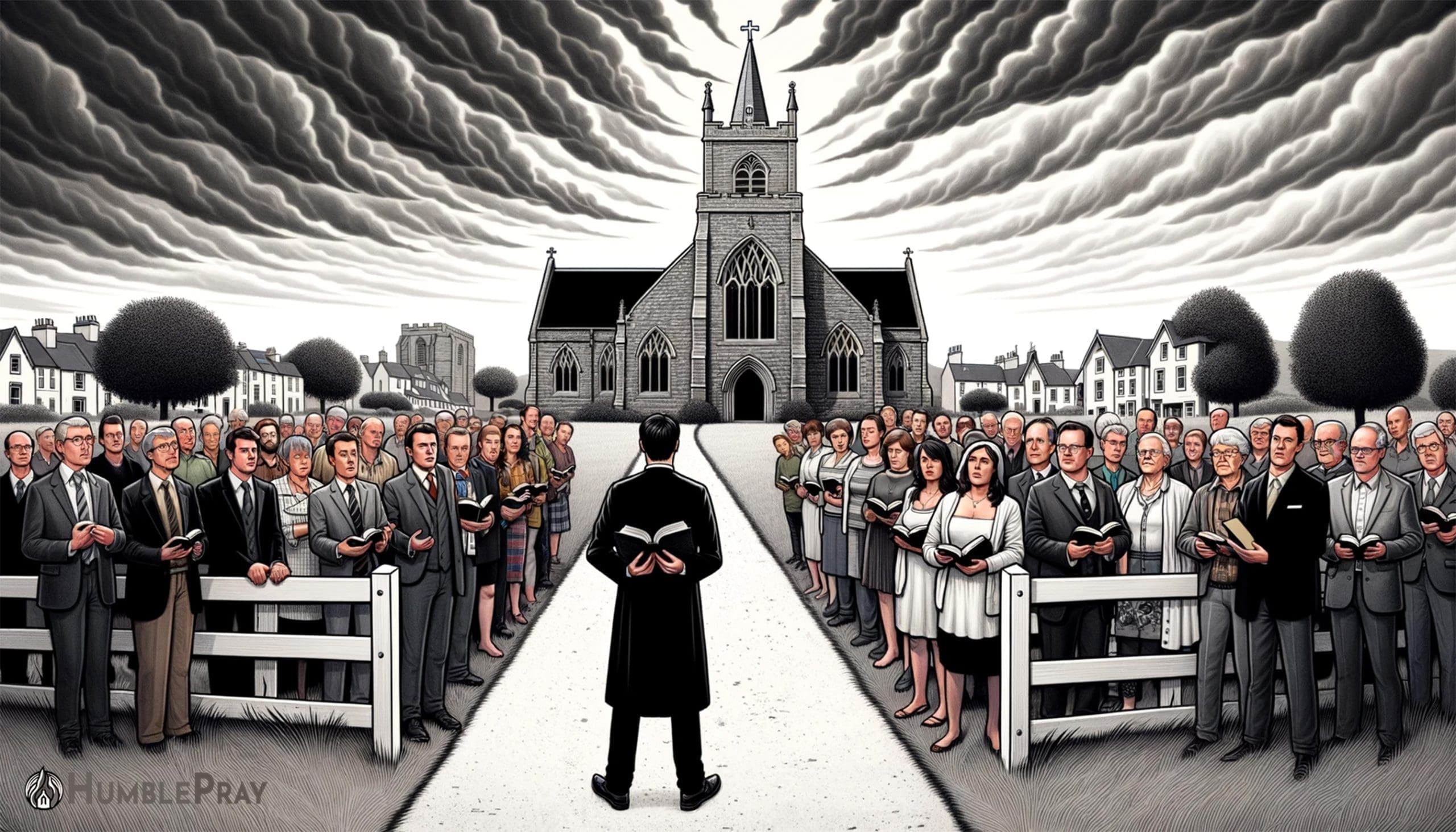 A reverend standing on a walkway split between two groups of people, a church in the background, dark rain clouds looming overhead. Stylized.