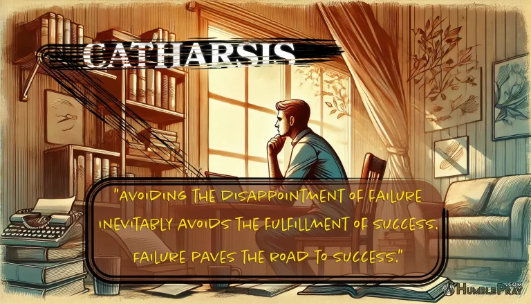 Illustrated in a warm and thoughtful style, a man sitting at a desk writing on a computer. Along the top, in stylized scratched out letters, "Catharsis." Along the bottom, a quote from the article, "Avoiding the disappointment of failure inevitably avoids the fulfillment of success. Failure paves the road to success."
