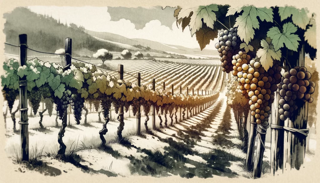 A row of grapevines at a vineyard in a drawn ink wash style