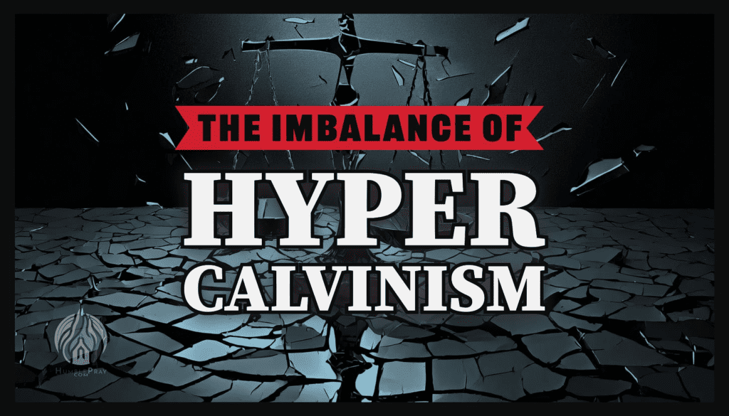 "The Imbalance of Hyper Calvinism" over a scale on a reflective cracking surface